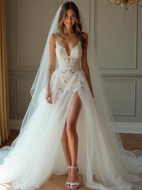 Full body image of a bride wearing a stunning white bridal dress with intricate lace details. The dress features a high slit and a flowing train. Bride wears stylish shoes. Soft lighting creates a romantic atmosphere.