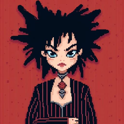 32x32 pixel sprite sheet depicting a character inspired by Siouxsie Sioux with a distinct punk hairstyle and fashion style.