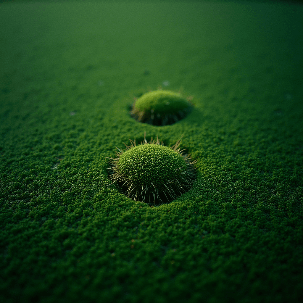 Two rounded, spiky green mounds emerge from a smooth, moss-covered surface.