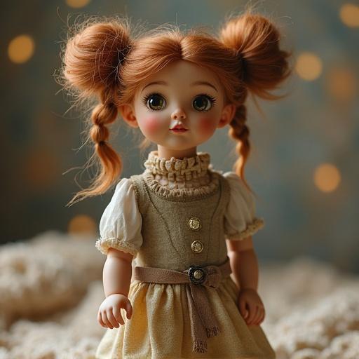 A ball-jointed doll resembling a girl. Doll has a soft beige dress with buttons and a belt. Background is softly lit with warm colors. The doll has big hair in pigtails. Focus is on the doll's outfit and styling. Overall feel is whimsical and nostalgic.