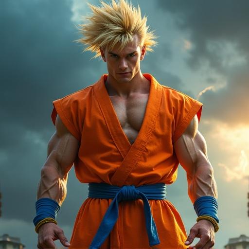 Hyper-realistic image of powerful warrior. Warrior has spiky golden hair. He wears an orange martial arts gi. Blue undershirt, blue wristbands, blue boots tied with golden ropes. Intense gaze directed forward. Body radiates golden aura. Realistic fabric folds and shading in clothing. Natural skin texture with visible muscles and light sweat. Background with stormy sky, dark clouds, and lightning. Dynamic lighting creates epic sense of power.