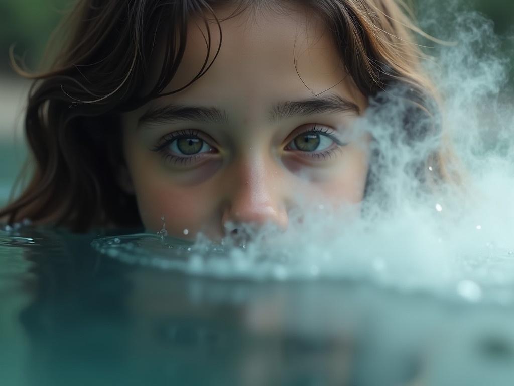 Close-up image of a girl gazing into still water. Reflection visible on the surface of the water. White smoke gently drifting towards her. The atmosphere feels serene and peaceful.