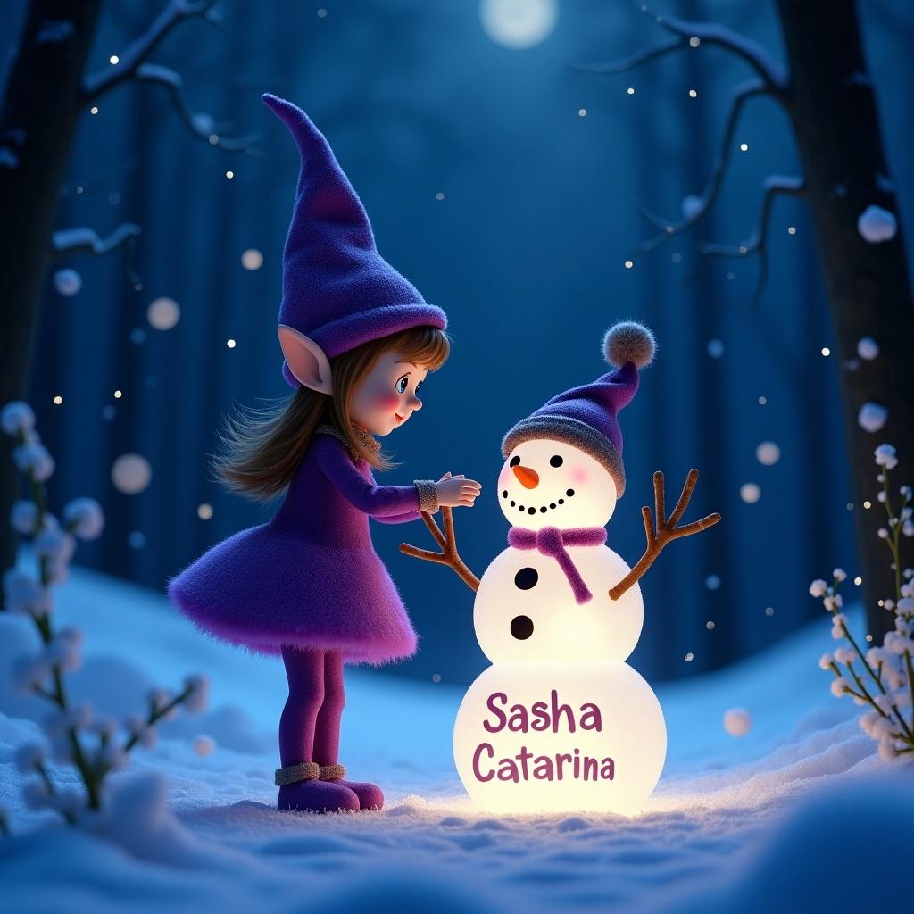 Picture shows a purple Elf on the Shelf in snowy woodland. Night sky creates enchanting atmosphere. Snowman features illuminated names.