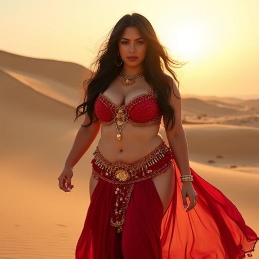 A belly dancer is posing in the desert. She wears a red costume with gold details. Her figure is curvy with a toned belly. The background features sand dunes and bright sunlight. The image is high quality and colorful.
