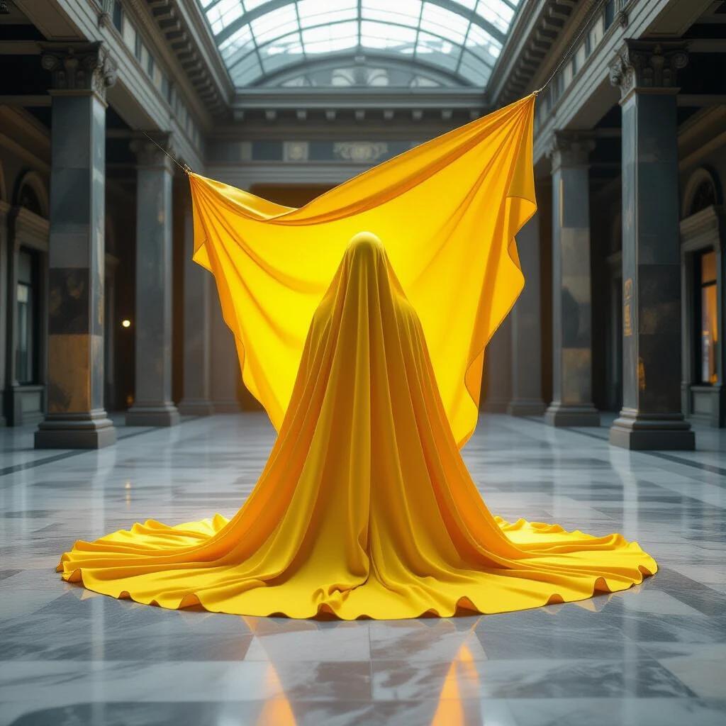 A figure wrapped in flowing yellow cloth stands in a grand architectural space. The lighting creates an ethereal glow around the fabric. The environment features classical architecture with marble floors and large windows that allow natural light to filter in.
