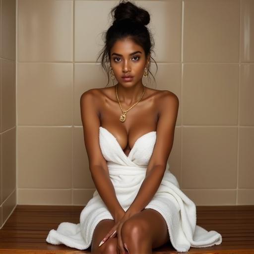 Portrait of a young Indian woman sitting on a wooden bench in a bathroom. Wearing a white towel wrapped around her body with visible cleavage. Styled hair in a high bun. Serious expression looking at the camera. Background is a beige tiled wall. Legs crossed, arms resting on knees. Mood is sensual and intimate.