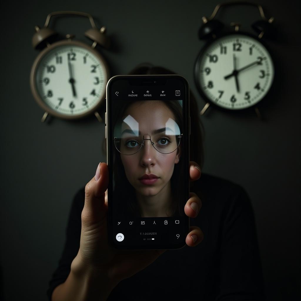 User reflection shown on a phone screen merging with an older image. Blurred analog clocks and digital timestamps in the background. Theme of nostalgia versus daily life acceleration. Tone is introspective and surreal.