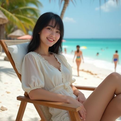 Ultra-realistic portrait of a young Asian woman with porcelain skin and soft pink blush. Large warm brown eyes and long sleek black hair. She reclines gracefully on a wooden beach chair with white cushions on soft white sand. Turquoise waves and bright sky in the background. Cream-colored blouse highlights her curves. High-waisted shorts complement her figure. Women in colorful swimsuits enjoying the beach. Swaying palm trees and seashells enhance the setting.