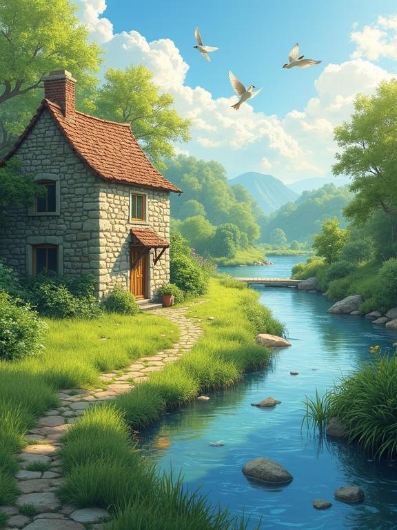 Illustration of a stone house by a flowing river with birds singing. Surrounded by green grass with a path leading to the house. Scene in spring with sunny weather and clouds. Bright sunshine blends with the evening glow. Evokes warm feelings. High resolution, focusing on exquisite landscapes and architectural details.