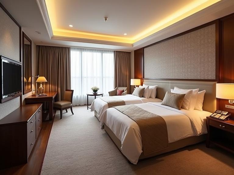Hotel room featuring two beds scenic view of guilin landscape warm lighting modern design