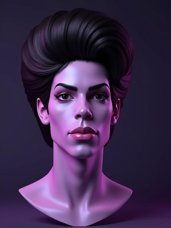 3D floating head of a glamorous male avatar with a duchenne smile and half-lidded eyes. Arched brows and subtle lip curl express rock n roller attitude. Skin has a glossy finish with highlighter on cheekbones and nose, illuminated by soft studio lighting.