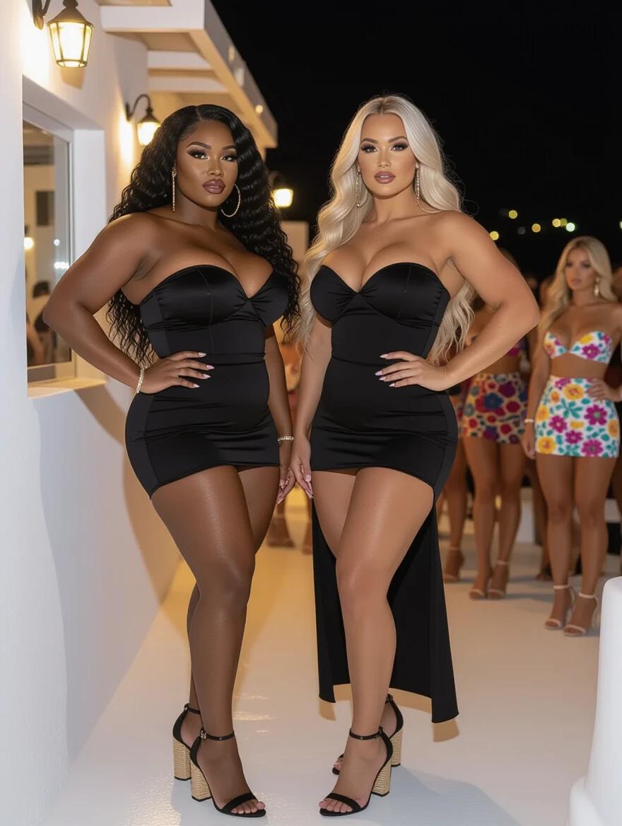 Two ultra muscular women stand confidently in Mykonos bar. They wear black, strapless bandage dresses. One woman has long curly black hair, the other has long wavy blonde hair. They dance closely together under bright lights. A crowd of women in colorful tight dresses observes them. The setting is lively and elegant.