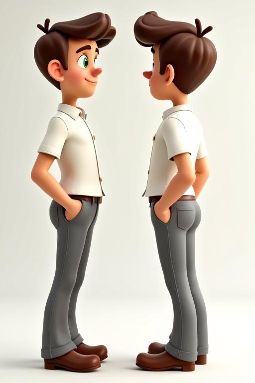 Male cartoon character in a T-pose, presented in front and side views. Character has brown hair and green eyes wearing a white shirt and gray linen pants. Appears to be in mid-30s with a stylized 3D animation appearance.