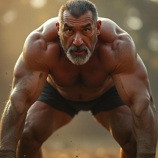 Ultra-photorealistic portrait of an elderly Turkish oil wrestler. Dynamic semi-squat stance. Colossal physique with pronounced muscles. Intense expression and fierce gaze. Warm sunlight highlights skin textures and mud. Dramatic atmosphere in the wrestling field.