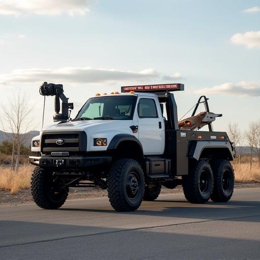 2025 Lumen Pro Tow electric tow truck shown on the road. Truck has a rugged design and a utility bed. Landscape features dry grass and distant mountains. Vehicle equipped with advanced recovery technology and tools. Sunshine illuminates the scene.