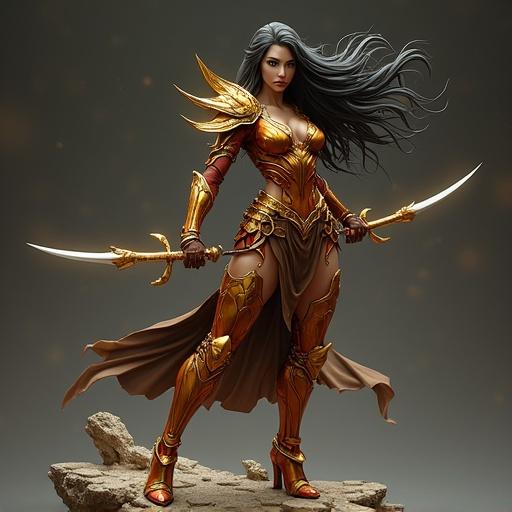 Dynamic female figure inspired by Scorpio. She wears shining armor with a golden and reddish palette. Armor shaped like pincers and segmented plates. Long dark hair flowing in the wind. Lethal expression with curved daggers. Rocky base with cosmic aura. Semi-realistic dramatic lighting.