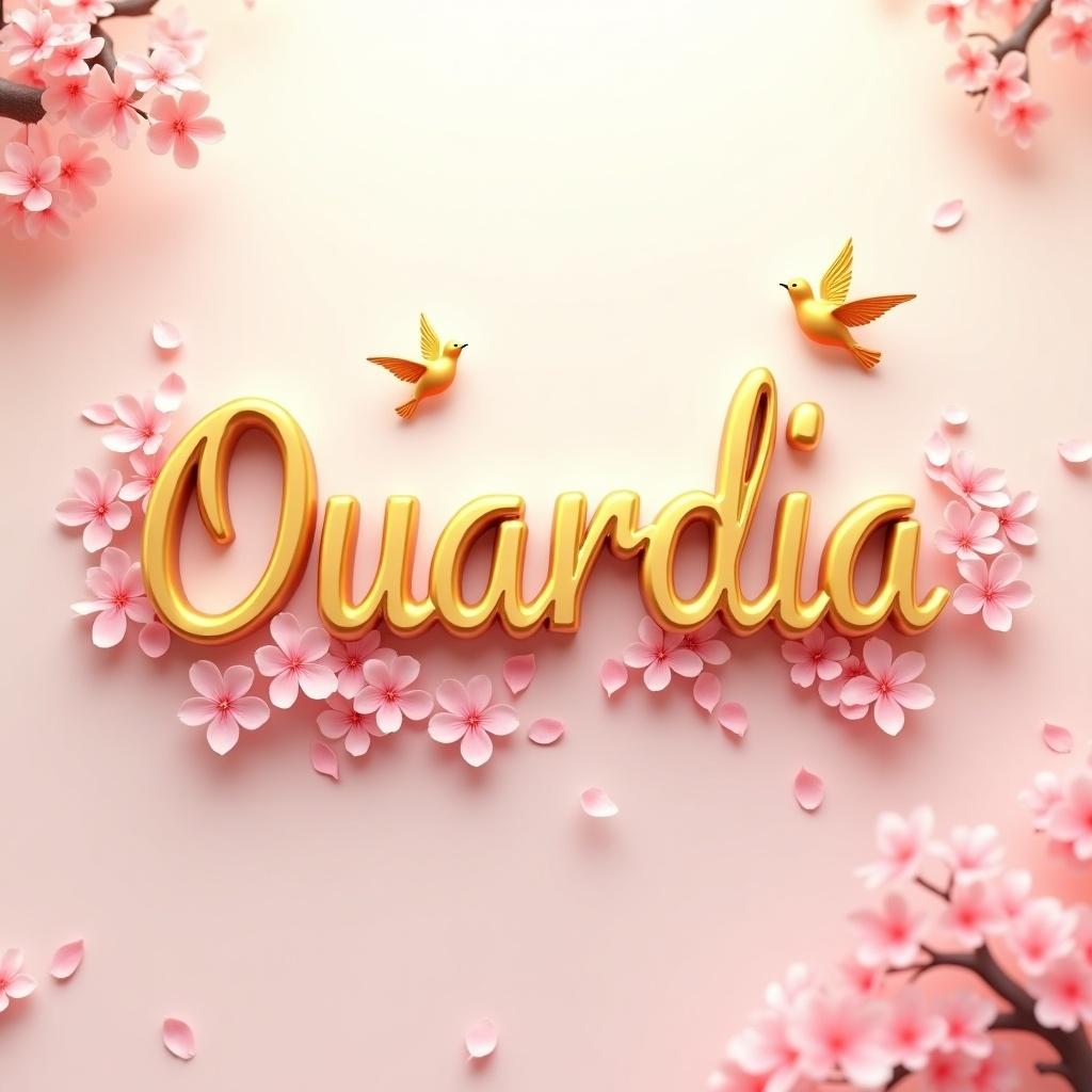 3D illustration of the name 'Ouardia' in gold letters. Surrounded by pink cherry blossom petals. Small golden birds flutter above. Soft, pastel background with pink and gold tones.