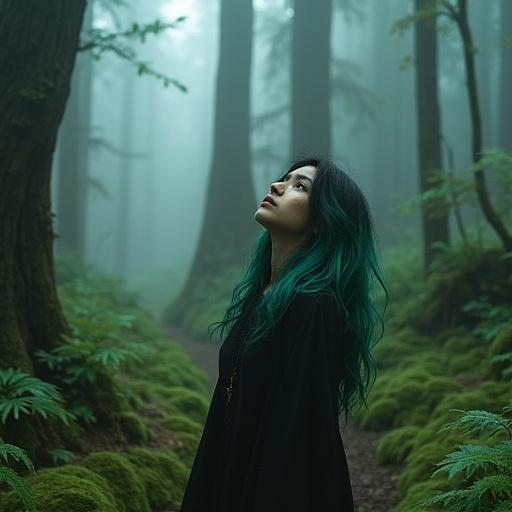 A young East Asian woman stands on a narrow mossy path in an ancient forest. She looks slightly upwards into the misty distance. She wears a dark flowing top and has black and emerald hair. The scene is surrounded by tall trees and a dense carpet of moss and ferns. It is early morning and thick fog surrounds her, creating a mystical atmosphere.