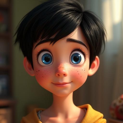 Pixar animated character with black short hair freckles and blue eyes. Friendly expression and bright colors.