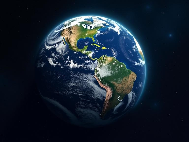 A detailed view of planet Earth from space. The image shows continents, oceans, and cloud patterns.