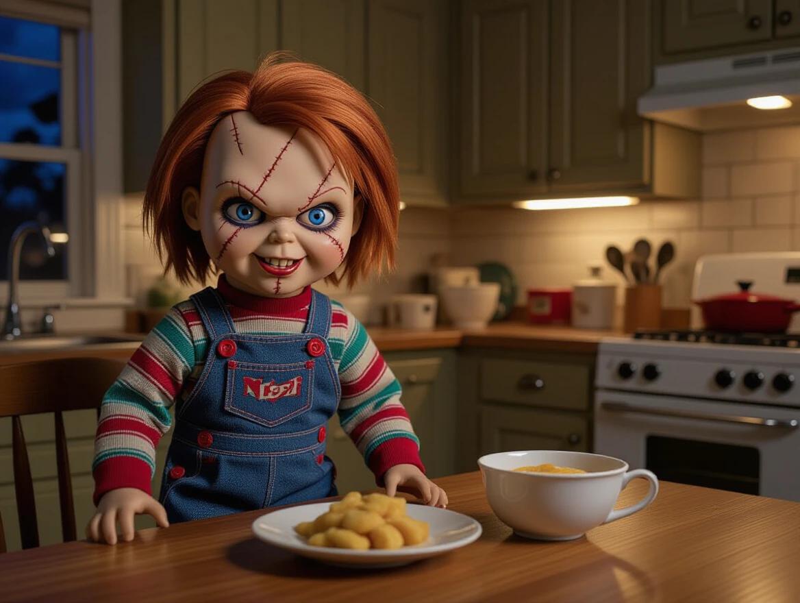Ultra-realistic 4K image of Chucky the evil doll in a cozy kitchen. Chucky has pale skin sharp blue eyes messy ginger hair with scars. Sinister expression and vintage doll appearance. Wearing striped shirt and denim overalls with 'Chucky.ia' text. Table has strawberries, 'Leite Condensado', 'Leite em Pó', butter, and 'Creme de Leite'. Lighting is warm. Kitchen background is cozy.