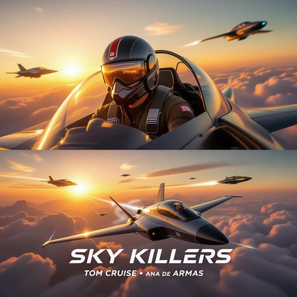 Two elite pilots soar above a futuristic megacity. Intense aerial maneuvers against rogue AI aircraft. Tom Cruise dons iconic aviator suit. Cockpit HUD glows softly on visor. Ana de Armas pilots sleek fighter jet. Jets bank through golden clouds. Drones shimmer and disintegrate into light particles. Vibrant sunset skyline in background.
