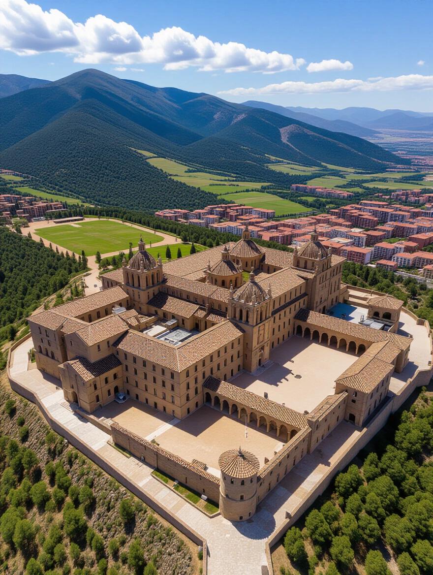 Aerial view of El Escorial monastery. Captures the grand architecture surrounded by mountains. Texture of stone buildings is visible. Blue sky adds a beautiful background. Red magic seal overlay for artistic effect.