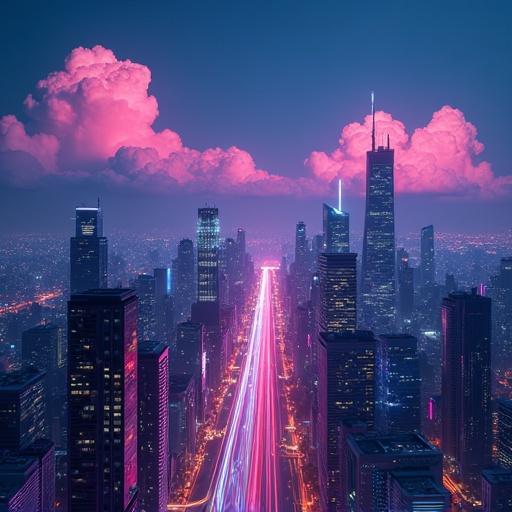 Panning across a futuristic cityscape at night with neon clouds. Vibrant lights fill the frame. Aerial perspective showcasing urban buildings and a bright street.