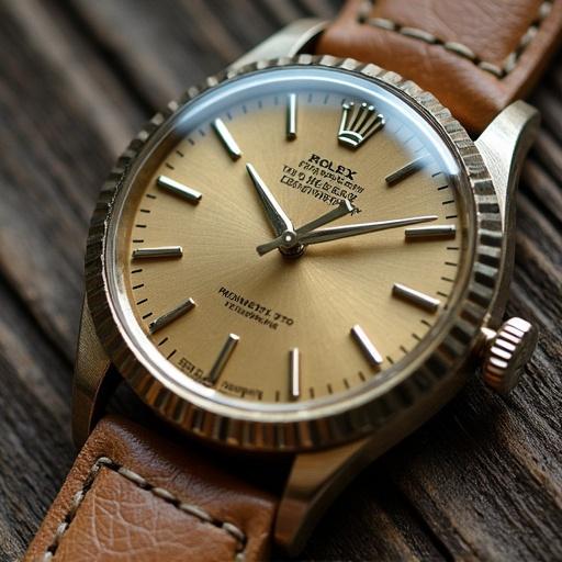 Close-up image of a vintage Rolex Submariner watch with a leather strap. The watch has a gold dial and a unique design. The background is wooden and rustic, emphasizing the watch's luxury.