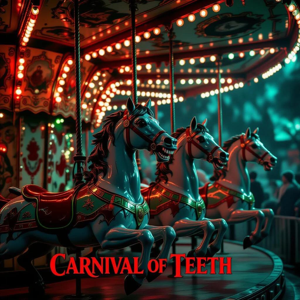 Movie poster titled Carnival of Teeth featuring a demonic carousel with horses showing human teeth. Classic carnival-style font displayed prominently. Use low-key horror lighting and a hyperrealistic grotesque style. The background is lit with flickering red and green lights capturing a haunting atmosphere.