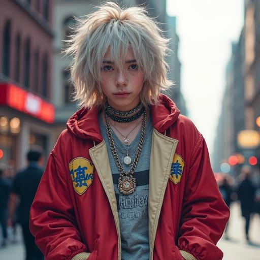 Image of a person embodying streetwear fashion with a distinct anime-inspired style featuring a dramatic hairstyle. Urban backdrop sets the scene for an edgy look.