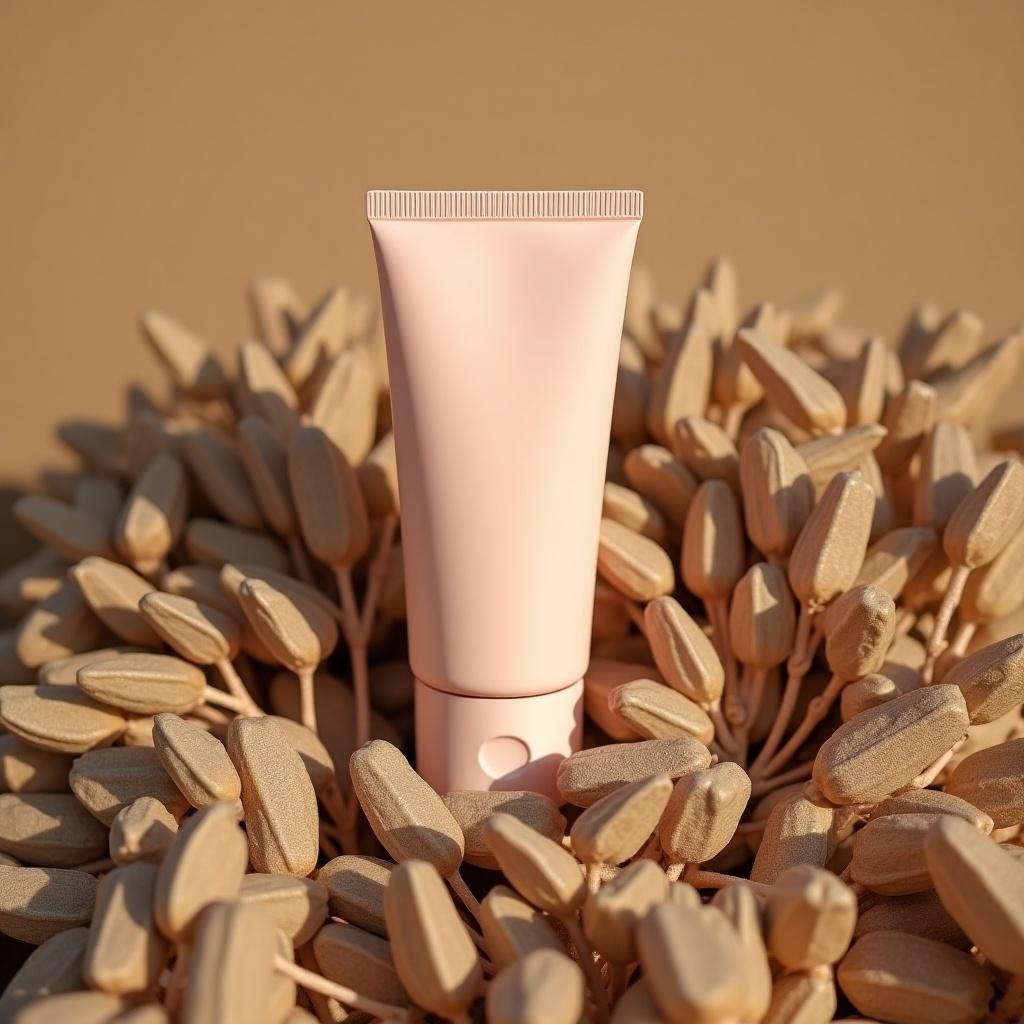 A slightly pink or beige tube on light brown plants. Trending product on Kickstarter. Elements include CGCosiety, battery moisturizer, nature beauty, Godray effect, product placement, highly capsuled, loosely cropped, velvet touch.