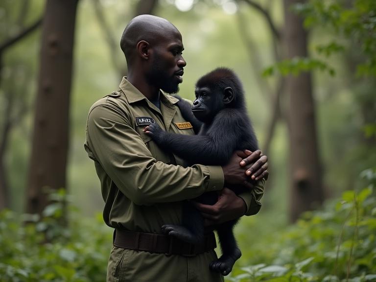 A ranger holding a growing gorilla in his arms in a lush forest sanctuary. The scene captures a warm bond between them.