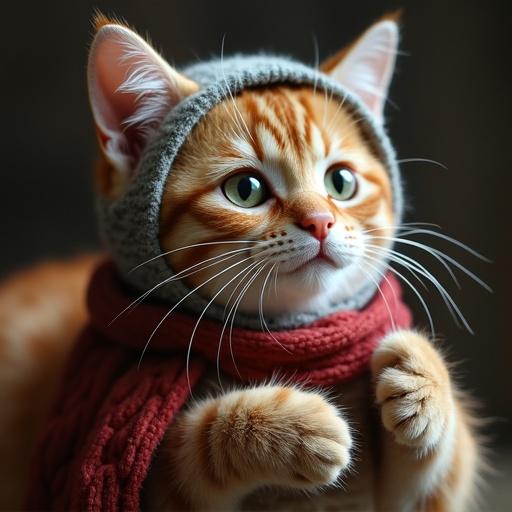 A cat wearing a Tatar skullcap holding echpochmak in its paws