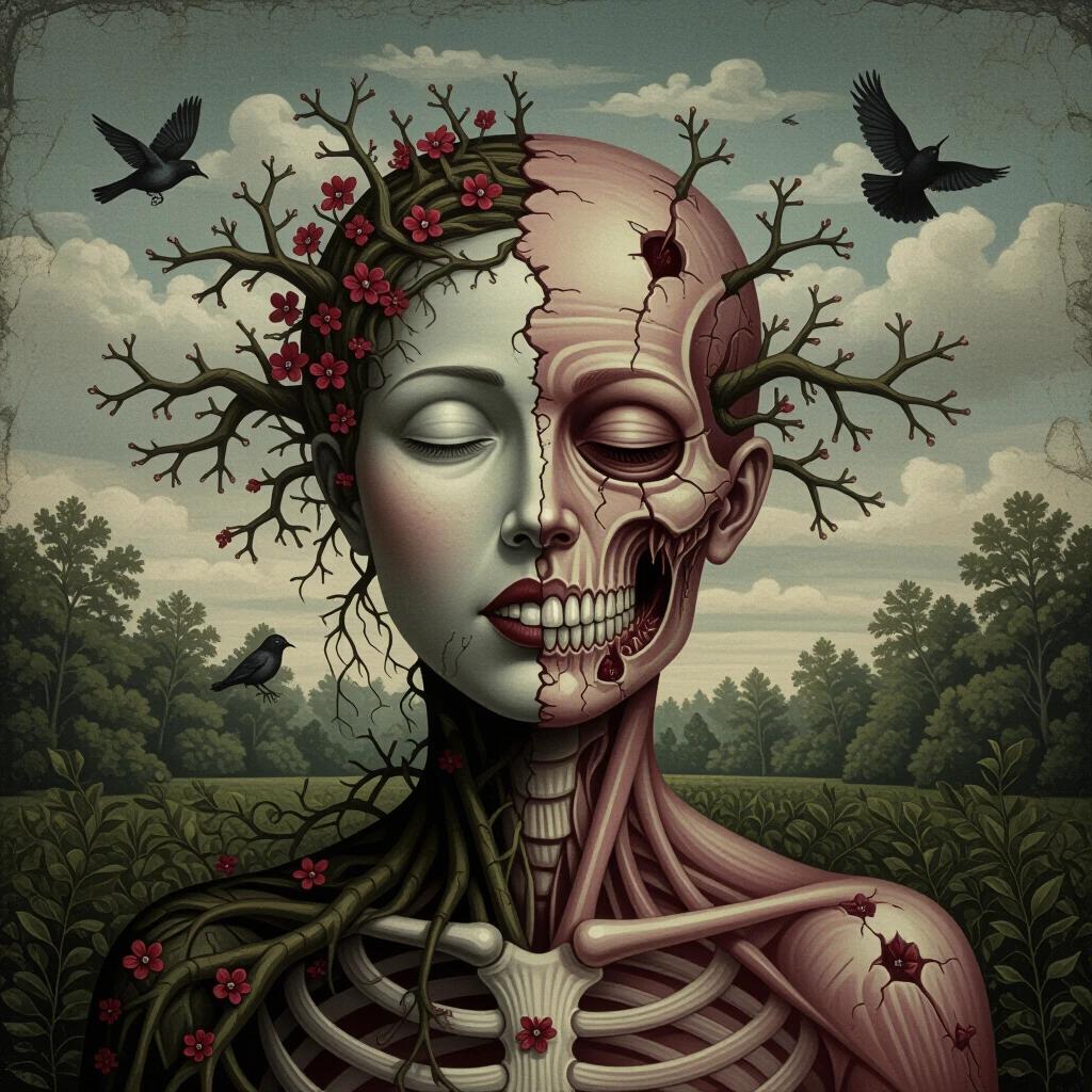Create a surreal portrait of a humanoid figure intertwined with nature. The figure shows elements of decay and beauty. It features root-like structures with flowers. The background has a textured appearance with an eerie color palette.