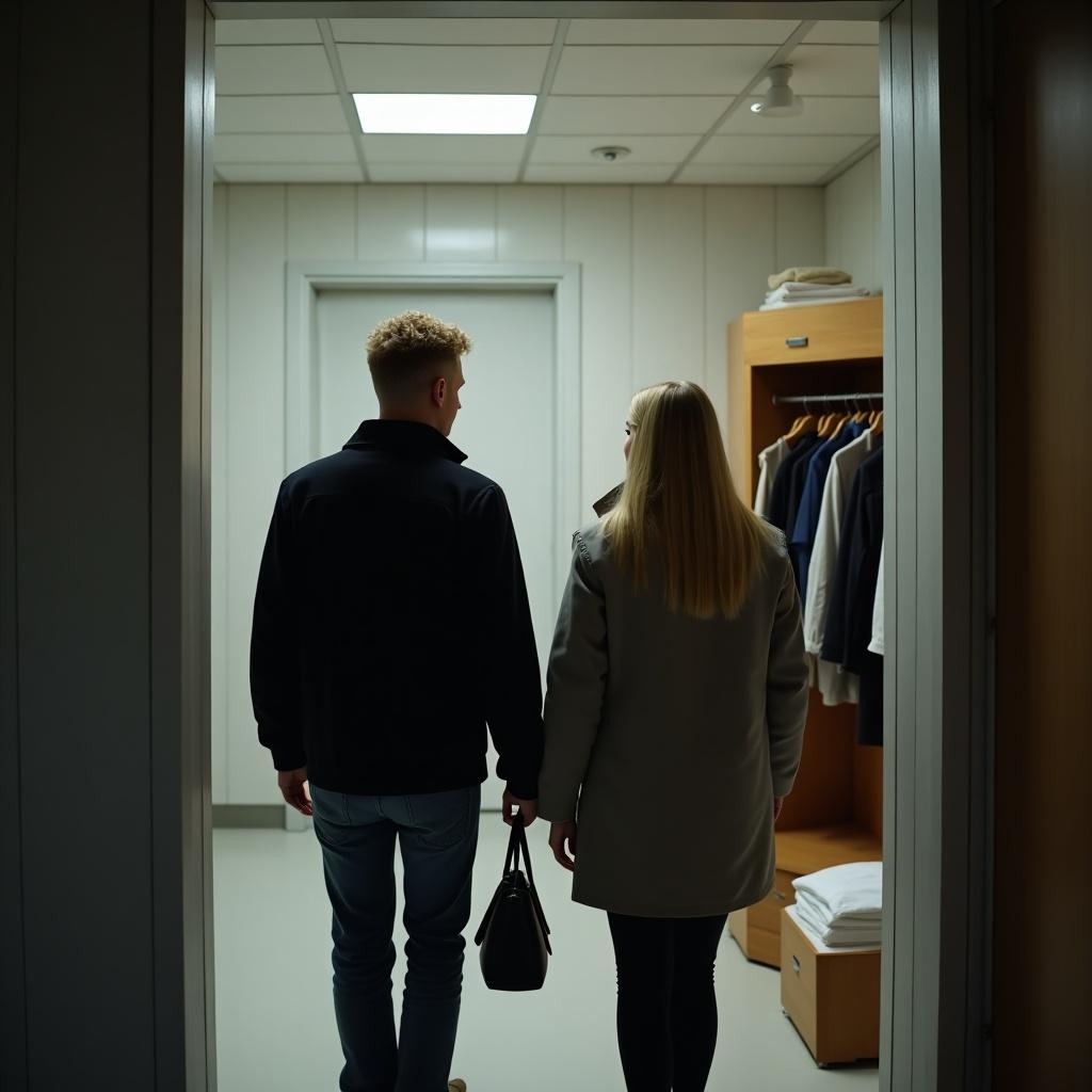 A tall blond man and a slightly plump woman walk hand in hand into a spacious, dimly lit room. They are dressed in short winter jackets and jeans. The woman carries a small black handbag over her shoulder. To the right, there's a wooden closet against the wall filled with clothes on hangers, and beside it is a stack of folded white sheets. The walls are covered in white plastic clapboard, creating a modern look. The small ceiling spotlights cast a soft glow, enhancing the inviting ambiance of the space.