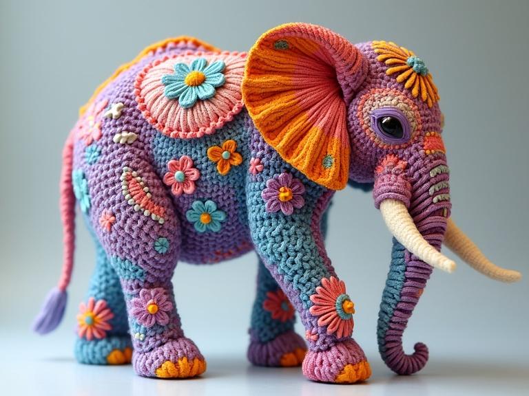 3D elephant figure intricately designed with crochet and yarn techniques. The elephant showcases floral and psychedelic patterns in rainbow pastel colors. Artwork features beads for added texture. Crafted with meticulous detail and layered textures.