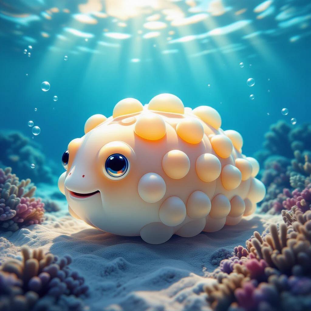 A sea cucumber rendered in a spherical bubble-like style with smooth rounded shapes glossy textures vibrant underwater colors soft lighting surreal abstract oceanic background