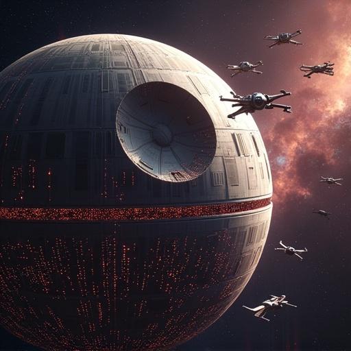 Cinematic 3D animation of the Death Star from Star Wars orbited by Rebel X-wing starfighters attacking. Surface of the Death Star covered with colorful trampolines bouncing. X-wings collide with trampolines ricocheting into space. Wide shot of the Death Star with close-ups of X-wings hitting trampolines showing metal scraping and sparks. Dynamic lighting and physics-based animations with orchestral score building tension.