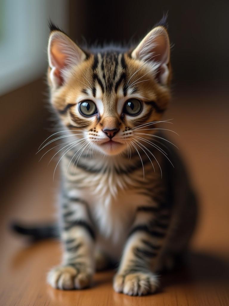 A brown-skinned Tamil kitten prominently featured. The kitten has distinctive stripes. Soft and warm lighting enhances the image. The perspective is eye level. The scene is indoors with a soft focus background.