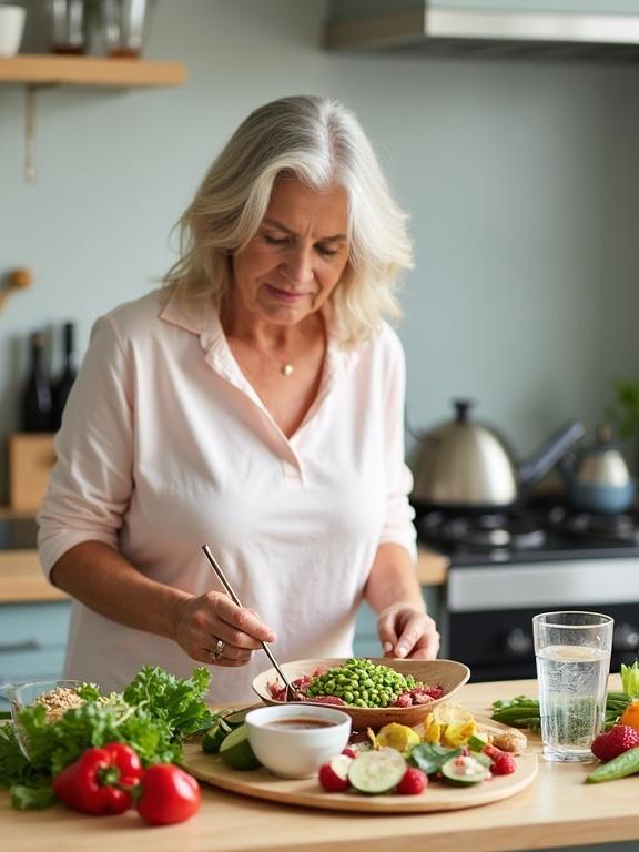 A woman prepares a healthy meal in a colorful kitchen. The table contains various cooling and hormone-supportive foods like edamame, flaxseeds, tofu, fresh berries, leafy greens, cucumbers, quinoa, and oats. A glass of cold water is present. In the background, common hot flash triggers such as coffee, wine, spicy peppers, and a steaming teacup are subtly avoided. The image is bright, educational, and presented with infographic-style labels for key foods.