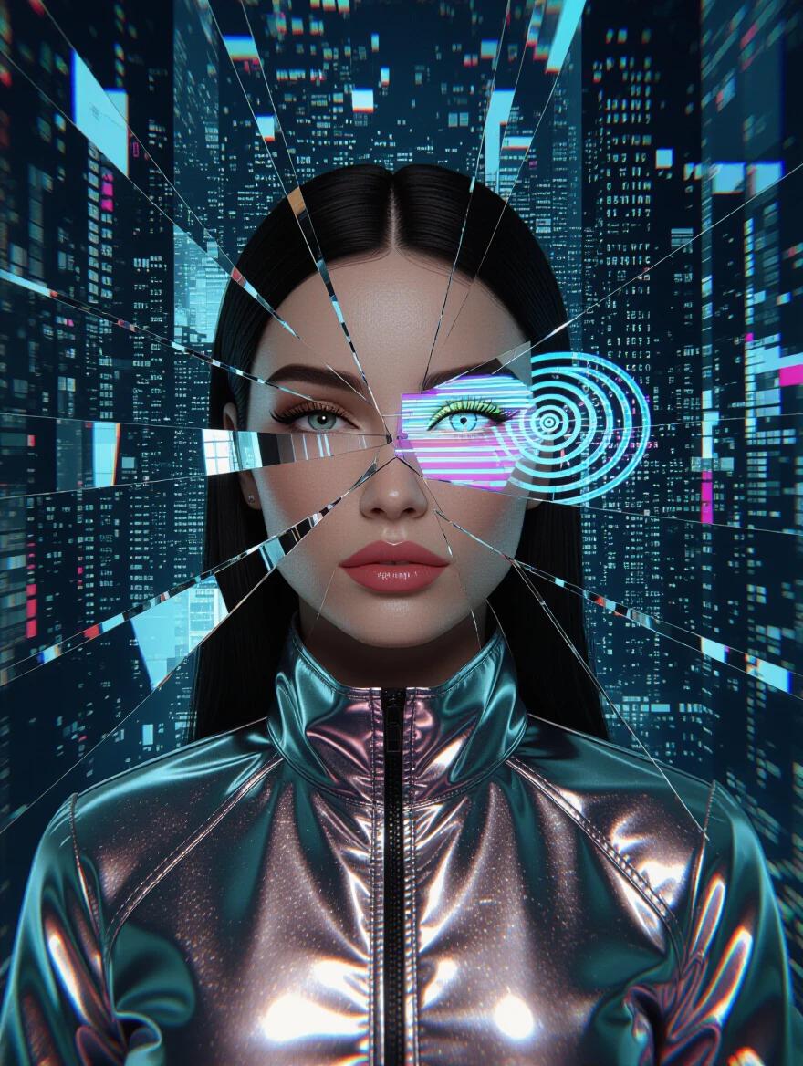 Surreal glitch-style portrait. Woman fragmented into shards of digital reflections. Face split into geometric slices. RGB shift and pixel smear effects visible. One eye shows a rotating data spiral. Futuristic high-collar chrome jacket. Distorted matrix of mirrored cityscapes in the background. Ambiguous lighting with system errors. Expression frozen mid-blink. Visual artifacts like frame drops and scanlines appear throughout.