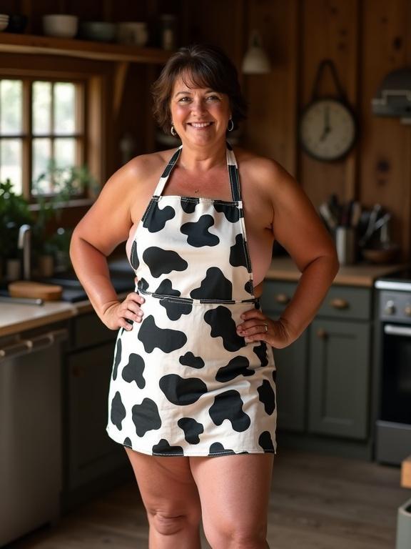 Full-body photo of a mature, plus-size woman confidently standing in a cozy farmhouse kitchen. She has a strong, motherly figure with a natural tan and slight wrinkles. Short, dark brown hair with a practical cut. Wearing a cow-patterned apron for a nude apron look. Warm, confident smile with hands on hips. Rustic kitchen background without other people.