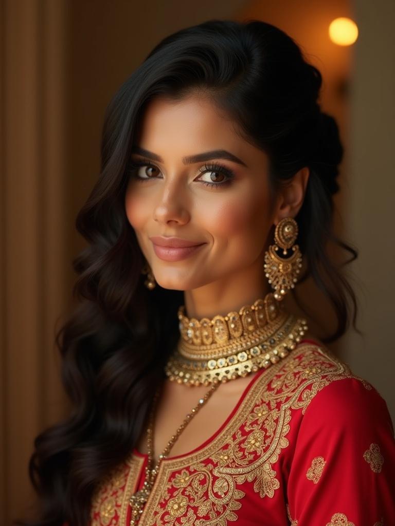 Woman is dressed in a red and gold traditional outfit. The garment features intricate embroidery. Black hair cascades in curls. Warm and soft lighting enhances the opulence of the attire.