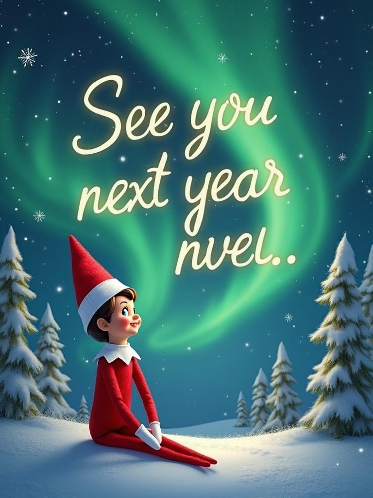 Scene of an elf on the shelf in a snowy landscape. Elf wears a red and white outfit. Elf gazes at vibrant northern lights. Text says 'See you next year...'. Surrounding trees are snow-covered. Mood evokes magic and holiday anticipation.