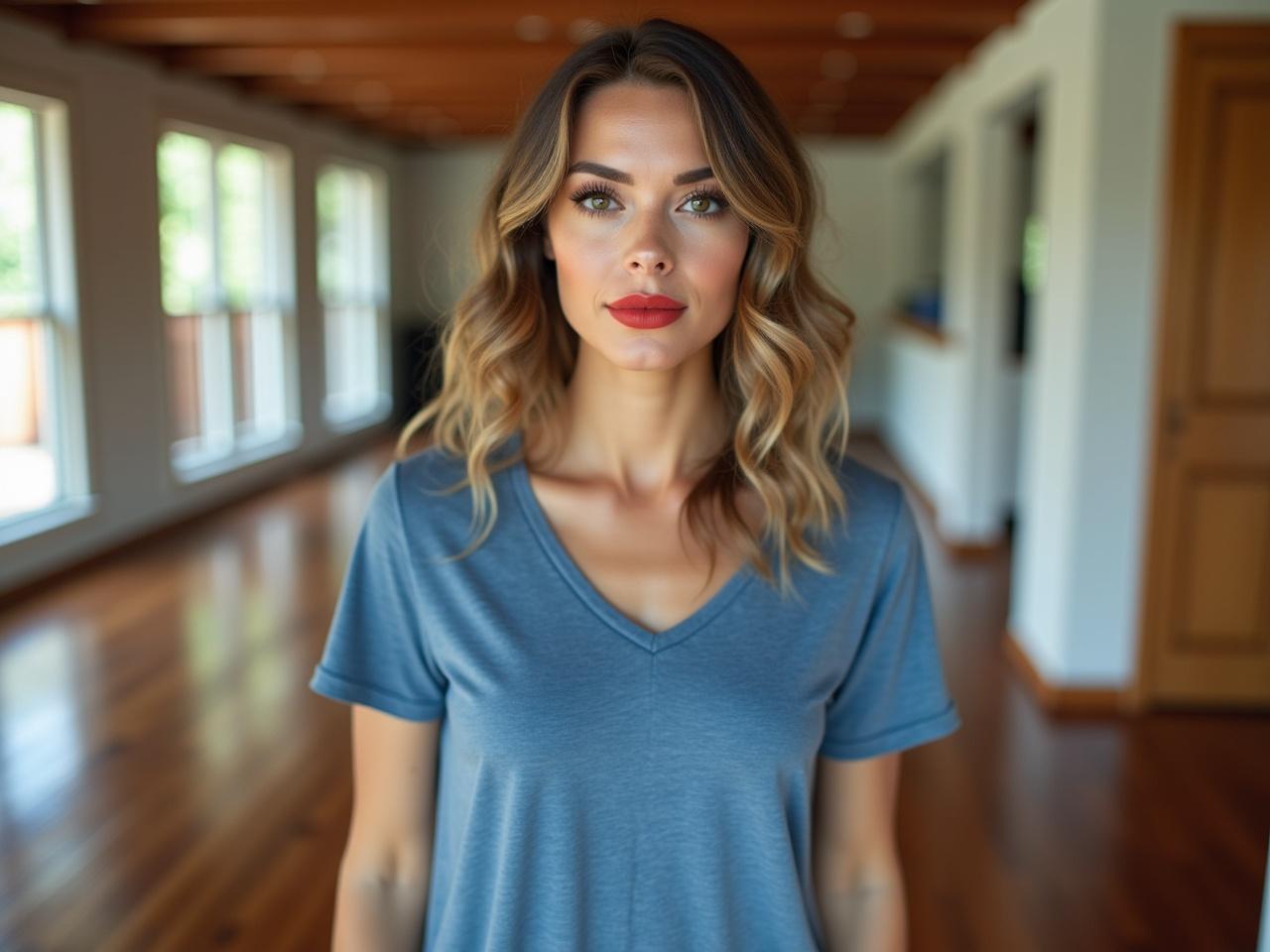 A woman is standing in a room with a wooden shiny floor. She is wearing a blue tee shirt dress. The room has large windows that let in natural light. The woman appears to be around 28 years old and has red lipstick and full makeup. Her hair is styled in loose waves, adding a touch of elegance to her appearance.