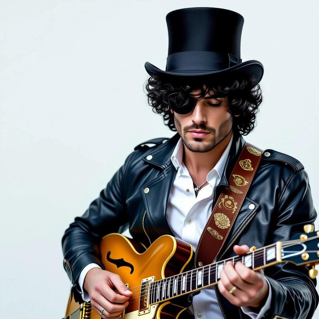Cinematic image of a guitarist with black curly hair covering his eyes. He wears a black top hat and white shirt. Navy blue leather jacket is worn while he plays a gold Gibson guitar.