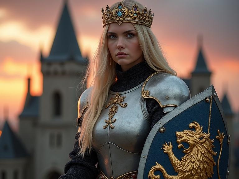 Portrait of a Scandinavian queen in armor standing confidently. She wears gleaming silver armor and a golden crown, with long blonde hair. The background shows a gothic castle at dawn. Her expression conveys power and determination.