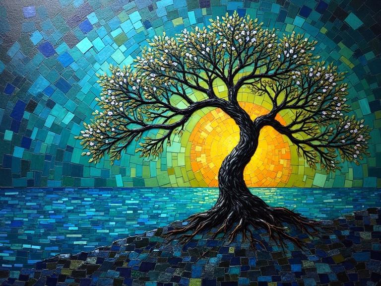 3D iridescent ceramic tile and glass mosaic art piece. The image features a bonsai tree with abstract laser beams forming leaves and flowers. The sunset in the background is composed of squared laser beams, with colors blending smoothly.