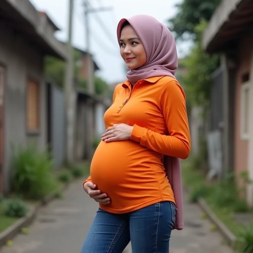 Photo of pregnant woman wearing hijab dressed in orange long sleeve polo and skinny jeans in Indonesian neighborhood.